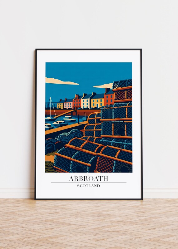 Arbroath Scotland Harbor Fishing Creels Modern Travel Poster Art