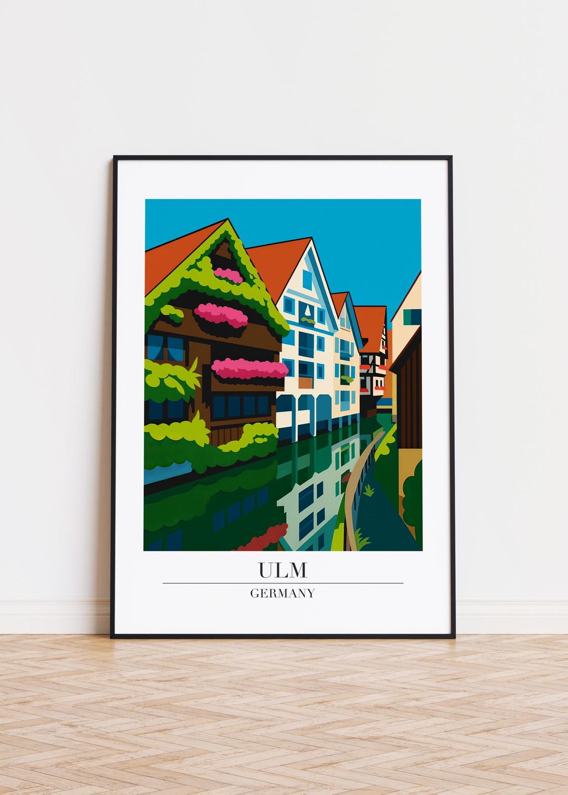 Ulm Germany Riverside Half-Timbered Houses Retro Travel Art Poster