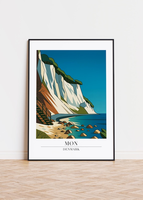 Møn Denmark White Chalk Cliffs Rocky Beach Blue Sea Travel Poster