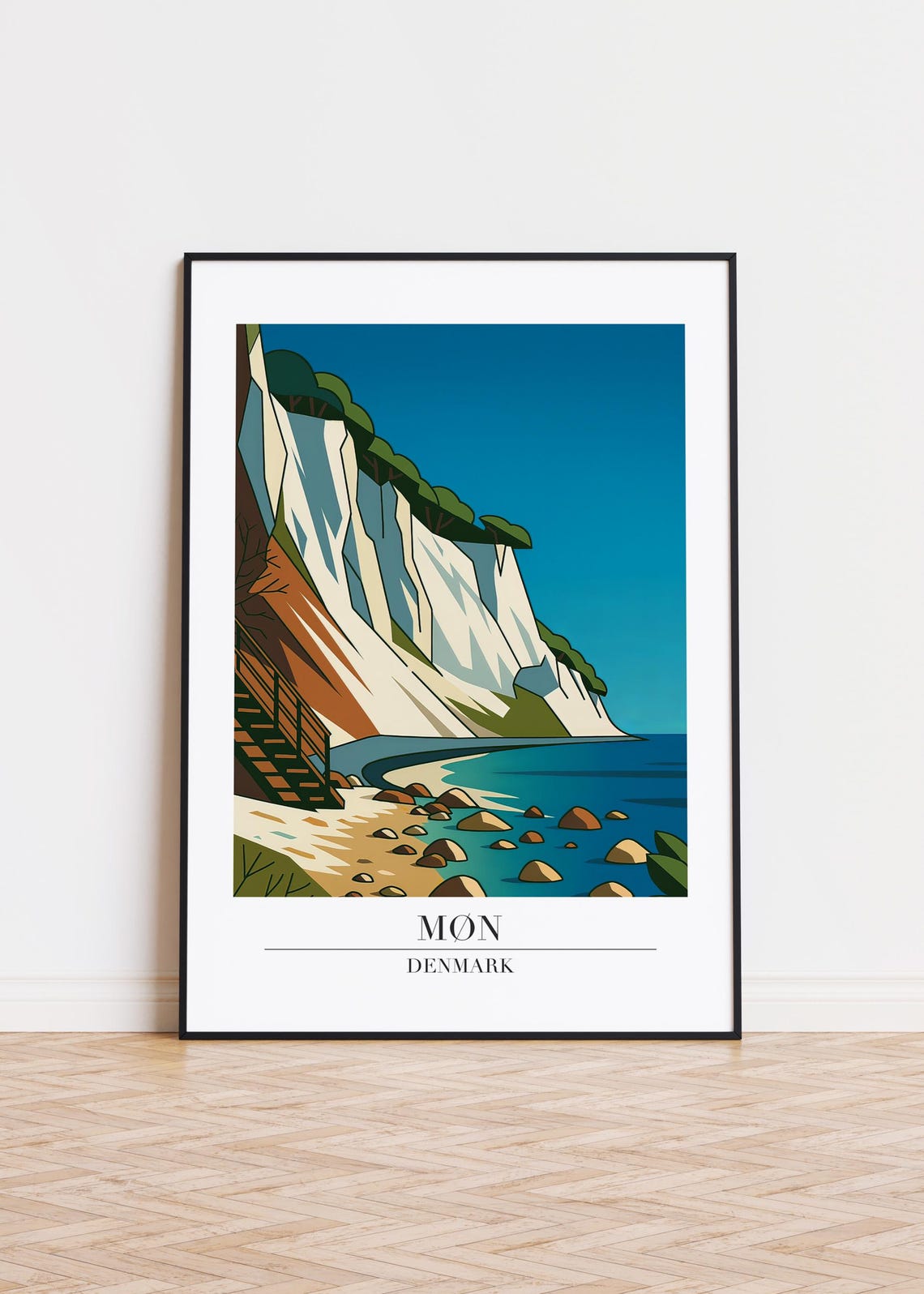 Møn Denmark White Chalk Cliffs Rocky Beach Blue Sea Travel Poster