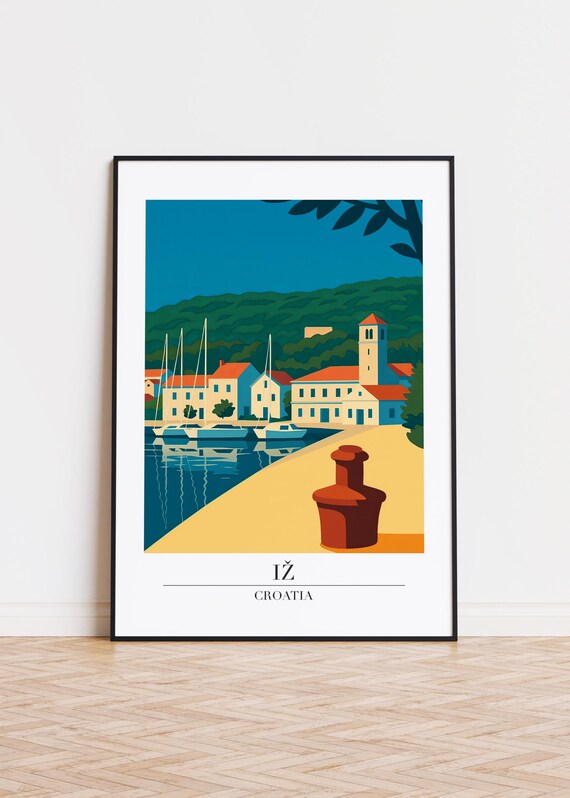 Iž Croatia Harbor Bell Tower Sailboat Illustration Travel Poster