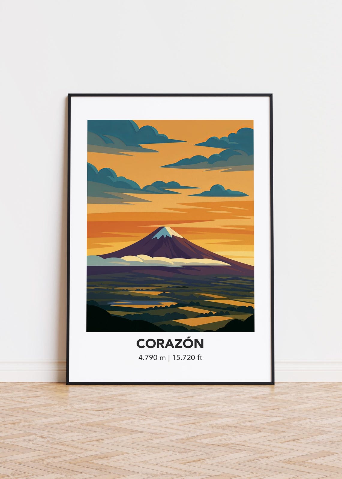 Corazón Volcano Peak Sunset Orange Sky Mountain Illustration Poster