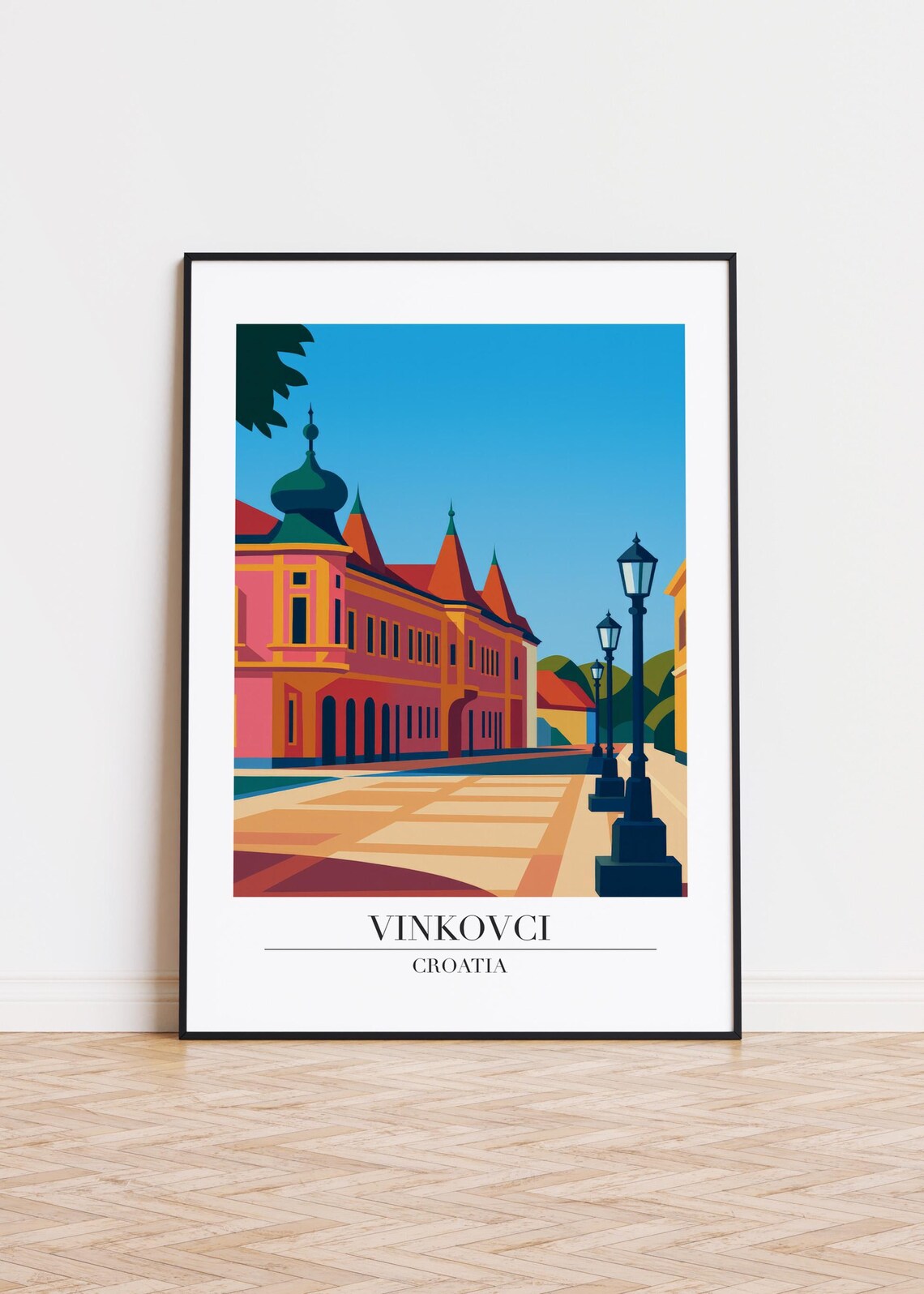 Vinkovci Croatia Pink Building Street Lamps City Travel Poster