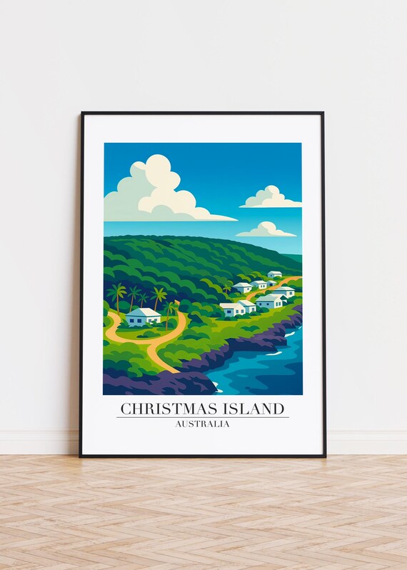 Christmas Island Australia Green Settlement Rocky Coast Illustration Poster