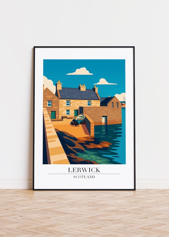 Lerwick Scotland Travel Poster Seaside Cottage Harbor Scene Decor