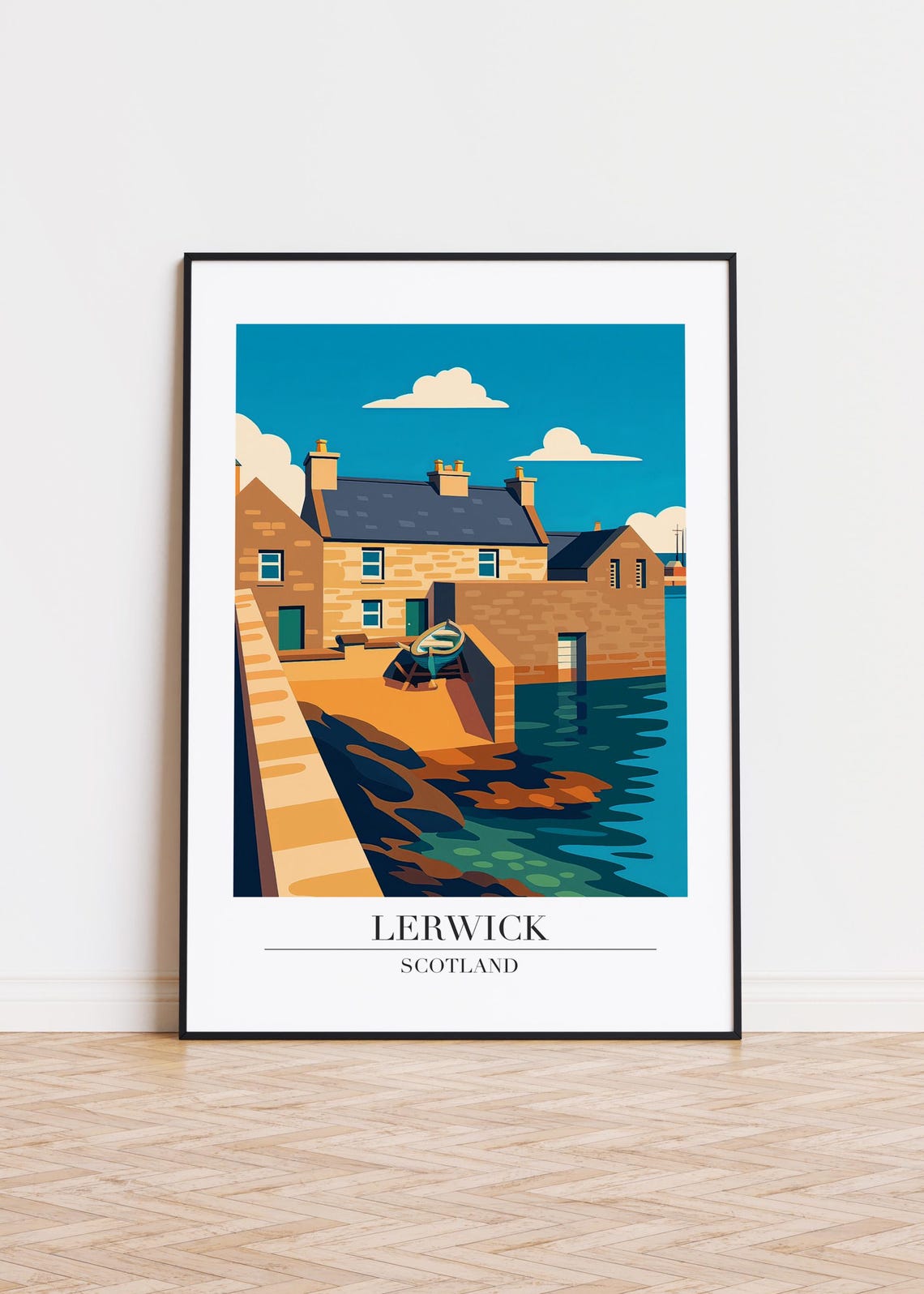 Lerwick Scotland Travel Poster Seaside Cottage Harbor Scene Decor