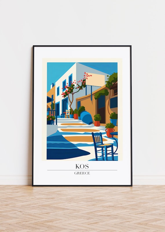 Kos Greece Village Street Bougainvillea Blue Chairs Scene Poster