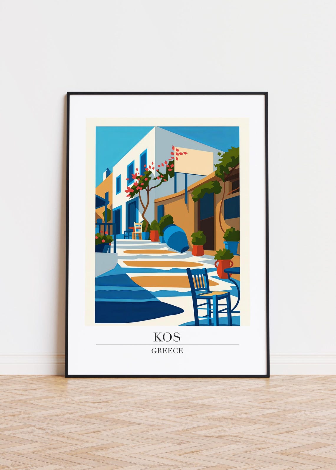 Kos Greece Village Street Bougainvillea Blue Chairs Scene Poster