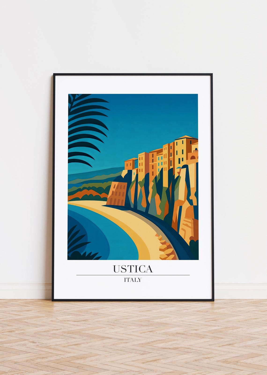 Ustica Italy Travel Poster Dramatic Cliffside Town and Beach View
