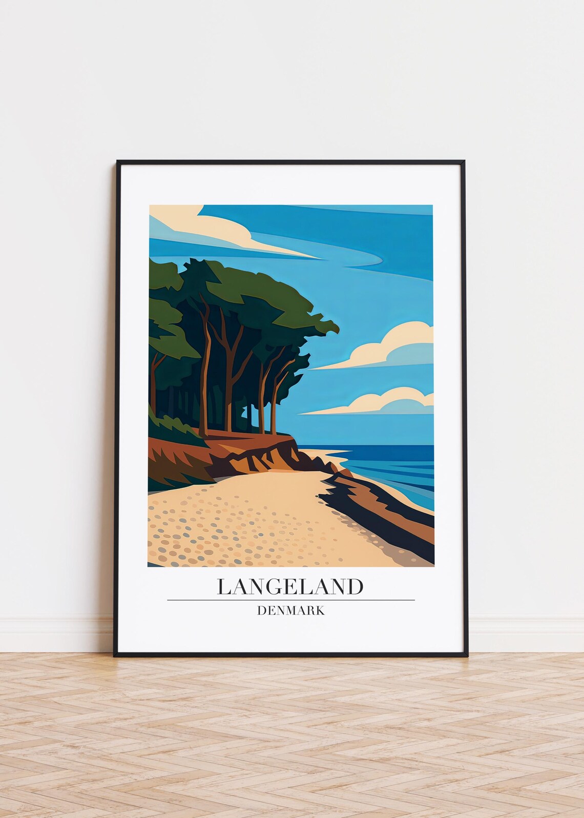 Langeland Denmark Sandy Beach and Coastal Pines Vintage Travel Poster
