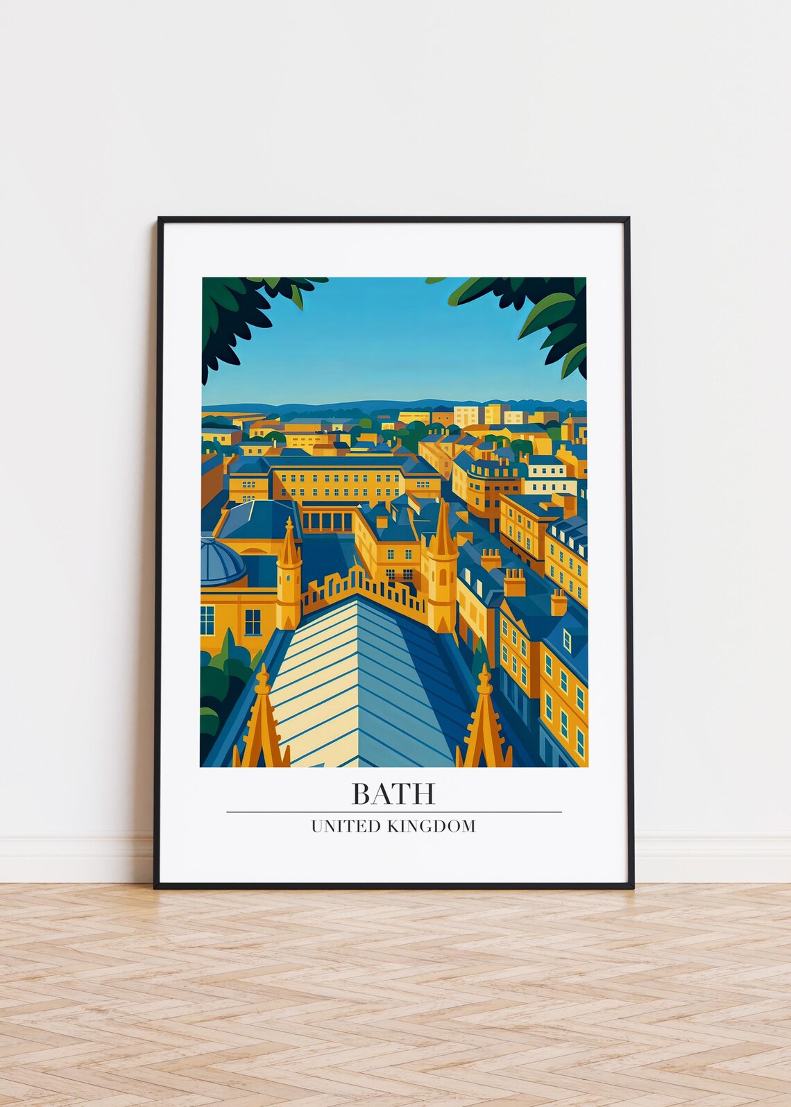 Bath United Kingdom Golden City Vintage Travel Poster Georgian Roofs Art