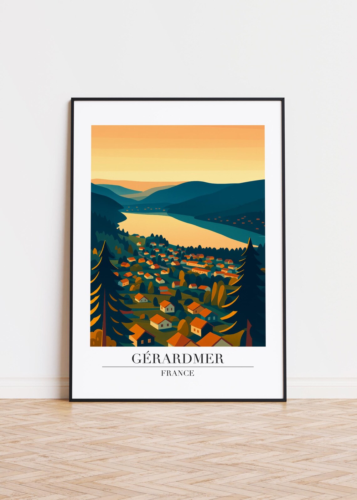 Gerardmer France Golden Sunset Lake Mountain Village Travel Poster