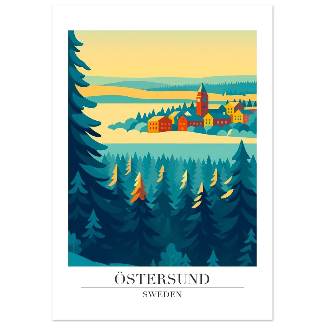Ostersund Sweden Illustrated Forest Lake Town Vintage Travel Poster