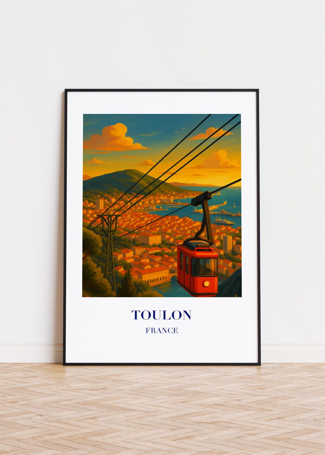 Toulon France Red Cable Car Harbor Sunset City Travel Poster