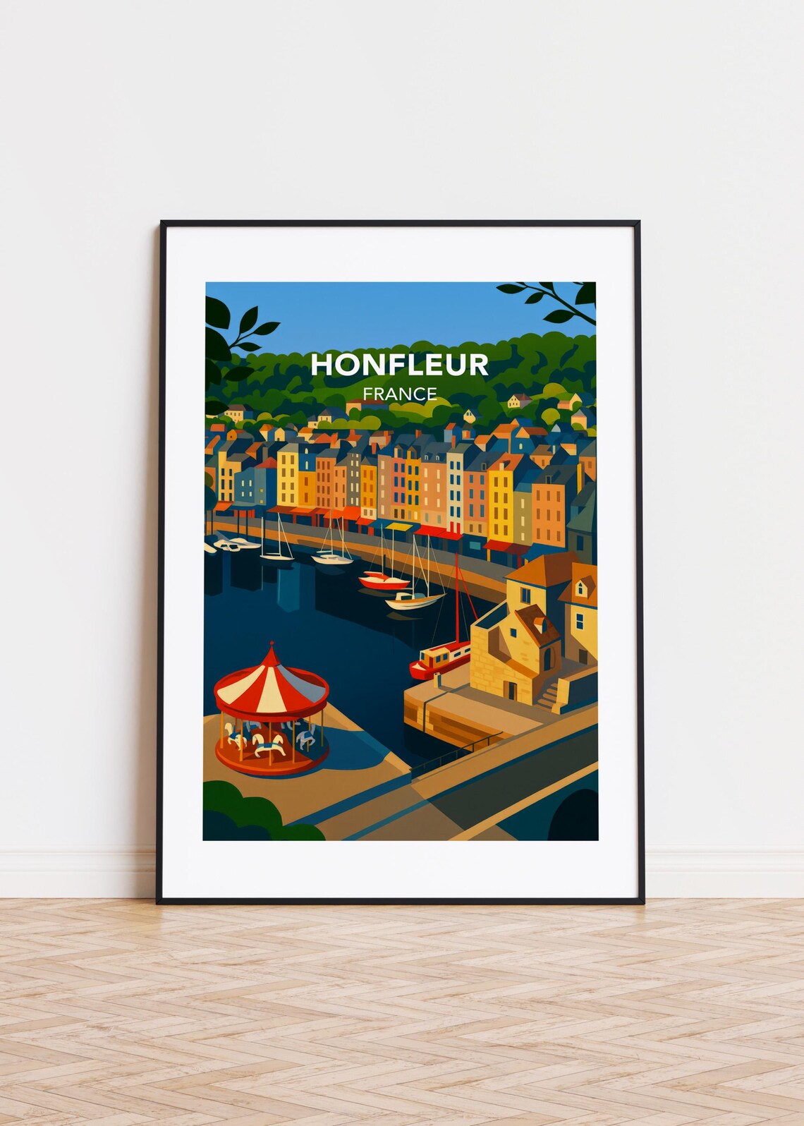 Honfleur France Harbor Sailboats Carousel Vintage Travel Poster