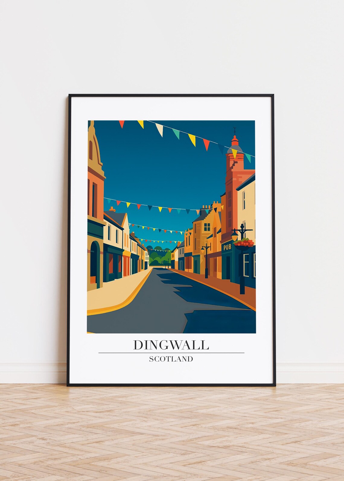 Dingwall Scotland High Street Bunting Flags Pub Travel Illustration Poster