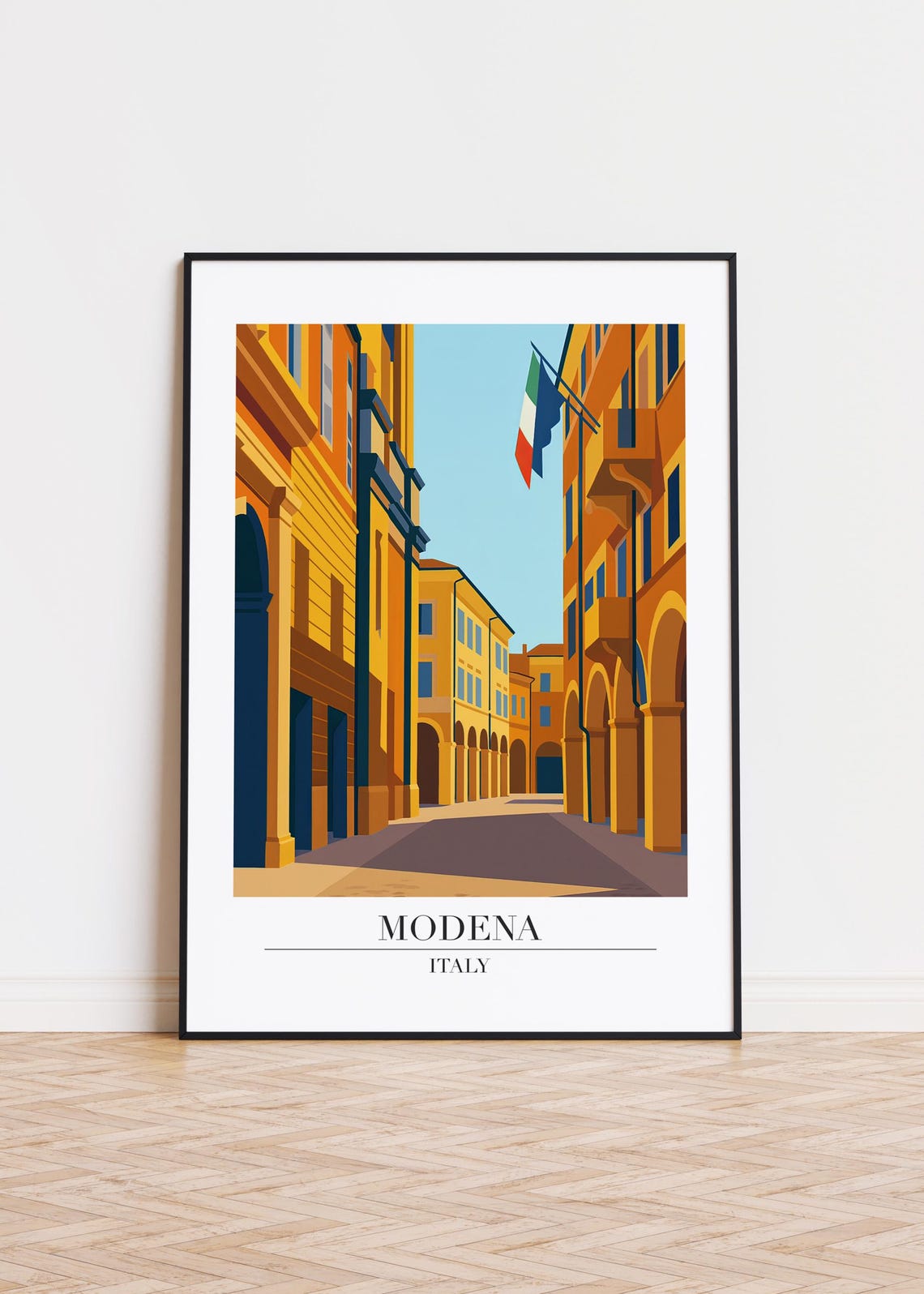 Modena Italy Arched Street Italian Flags Sunny Travel Poster