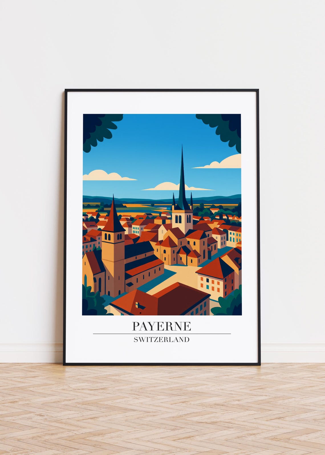 Payerne Switzerland Historic Old Town Illustration Travel Poster