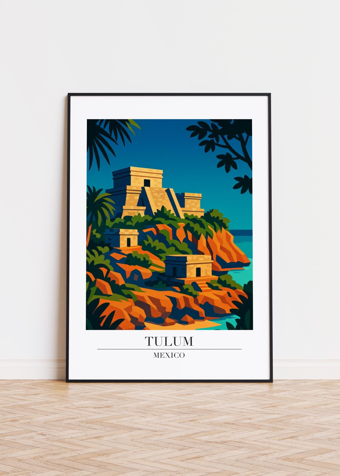 Tulum Mexico Travel Poster Minimalist Mayan Ruins Jungle Cliff Illustration
