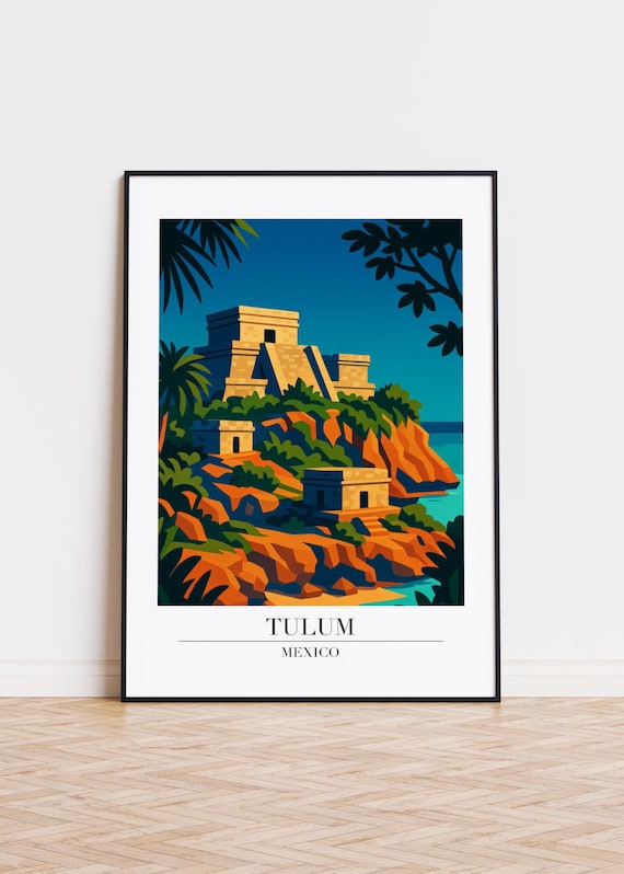 Tulum Mexico Travel Poster Minimalist Mayan Ruins Jungle Cliff Illustration