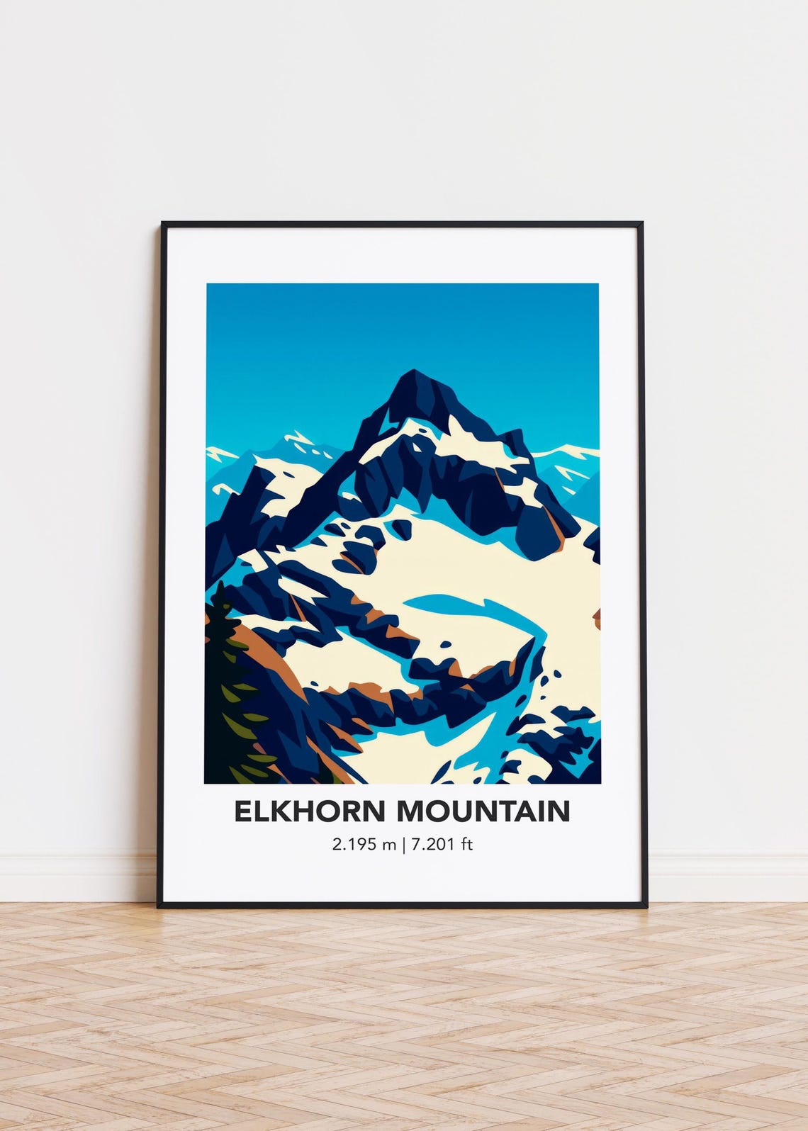 Elkhorn Mountain Snowy Peak Travel Poster with Elevation Details