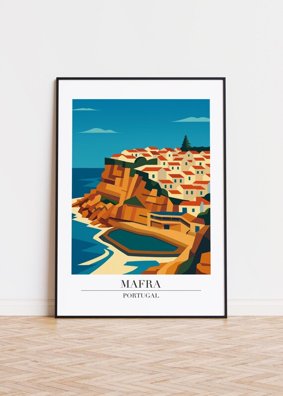 Mafra Portugal Cliffside Red Roof Town Cove Beach Travel Poster
