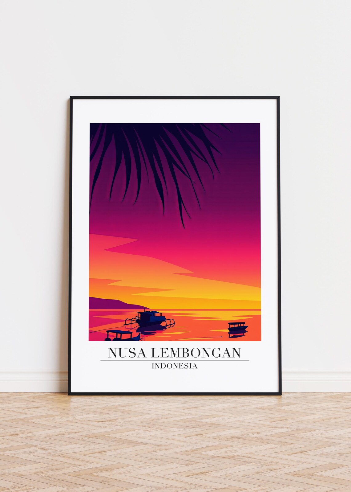 Nusa Lembongan Indonesia Sunset Fishing Boats Palm Silhouette Poster