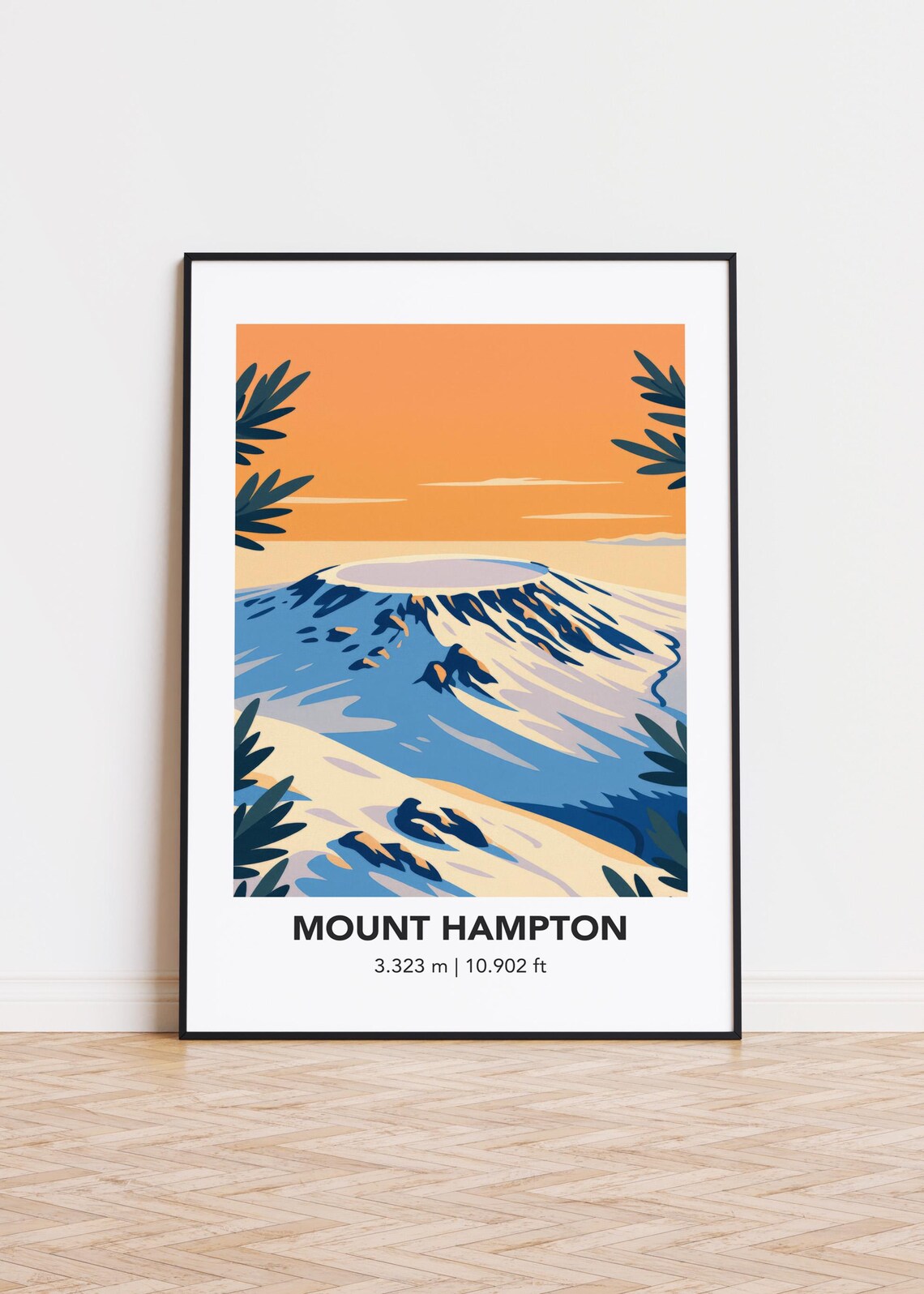Mount Hampton Volcano Retro Travel Illustration Orange Sunset Peak Poster