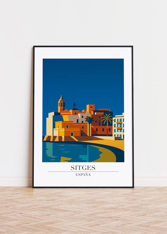 Sitges España Modern Travel Illustration Harbor Church Poster