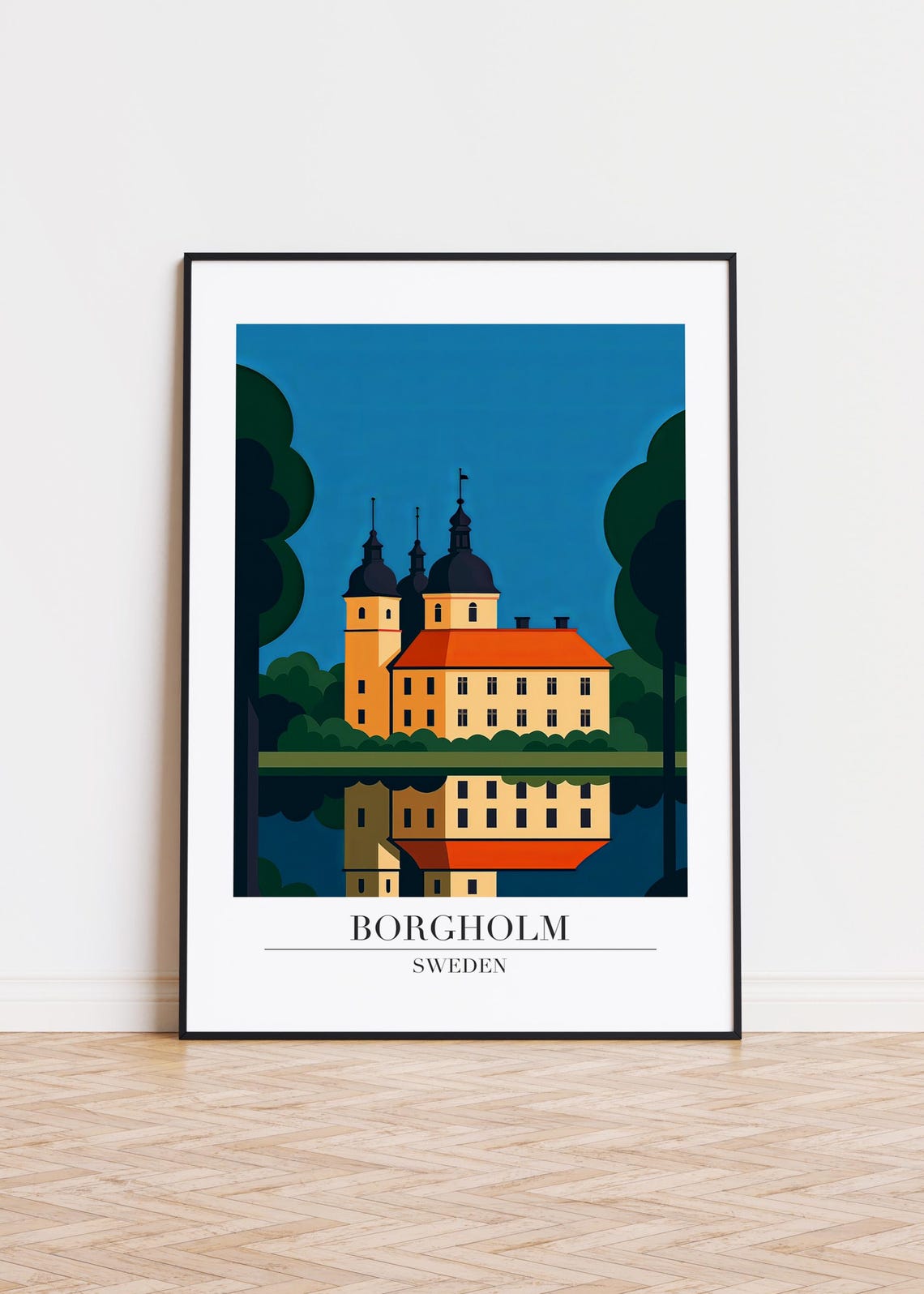 Borgholm Sweden Castle Water Reflection Retro Travel Art Poster