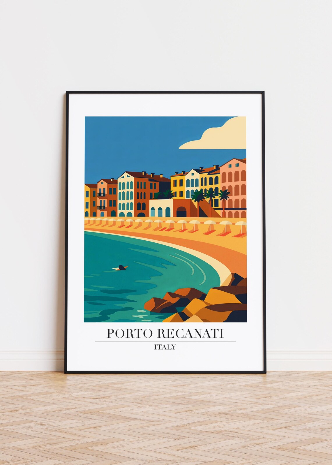 Porto Recanati Italy Travel Poster Seaside Cove Swimmer Artwork