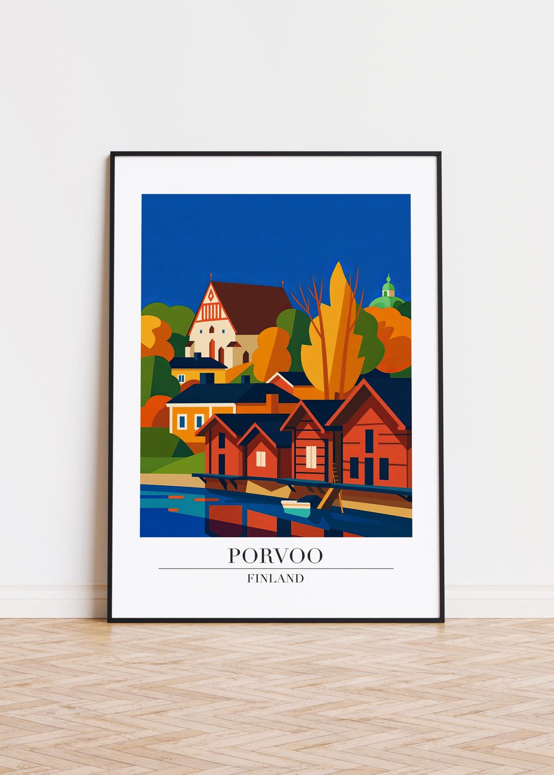 Porvoo Finland Red Shore Warehouses Autumn River Travel Poster