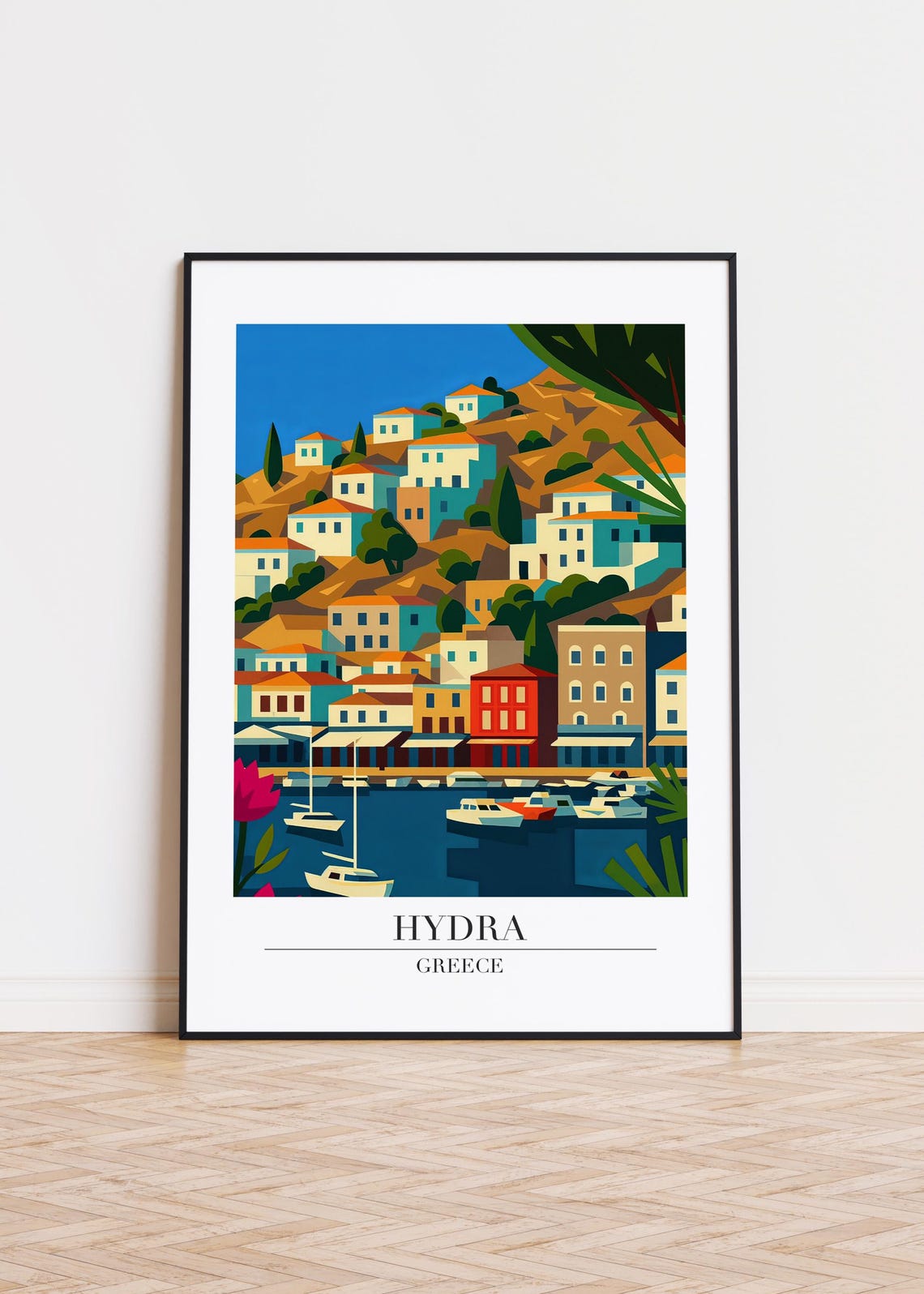 Hydra Greece Harbor Boats Hillside Town Retro Travel Art Poster