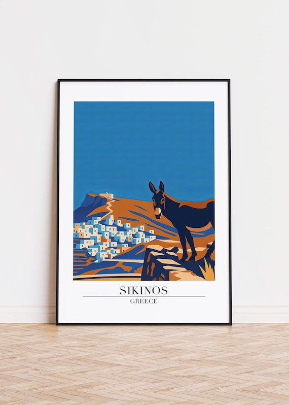 Sikinos Greece Donkey White Village Hill Illustration Poster