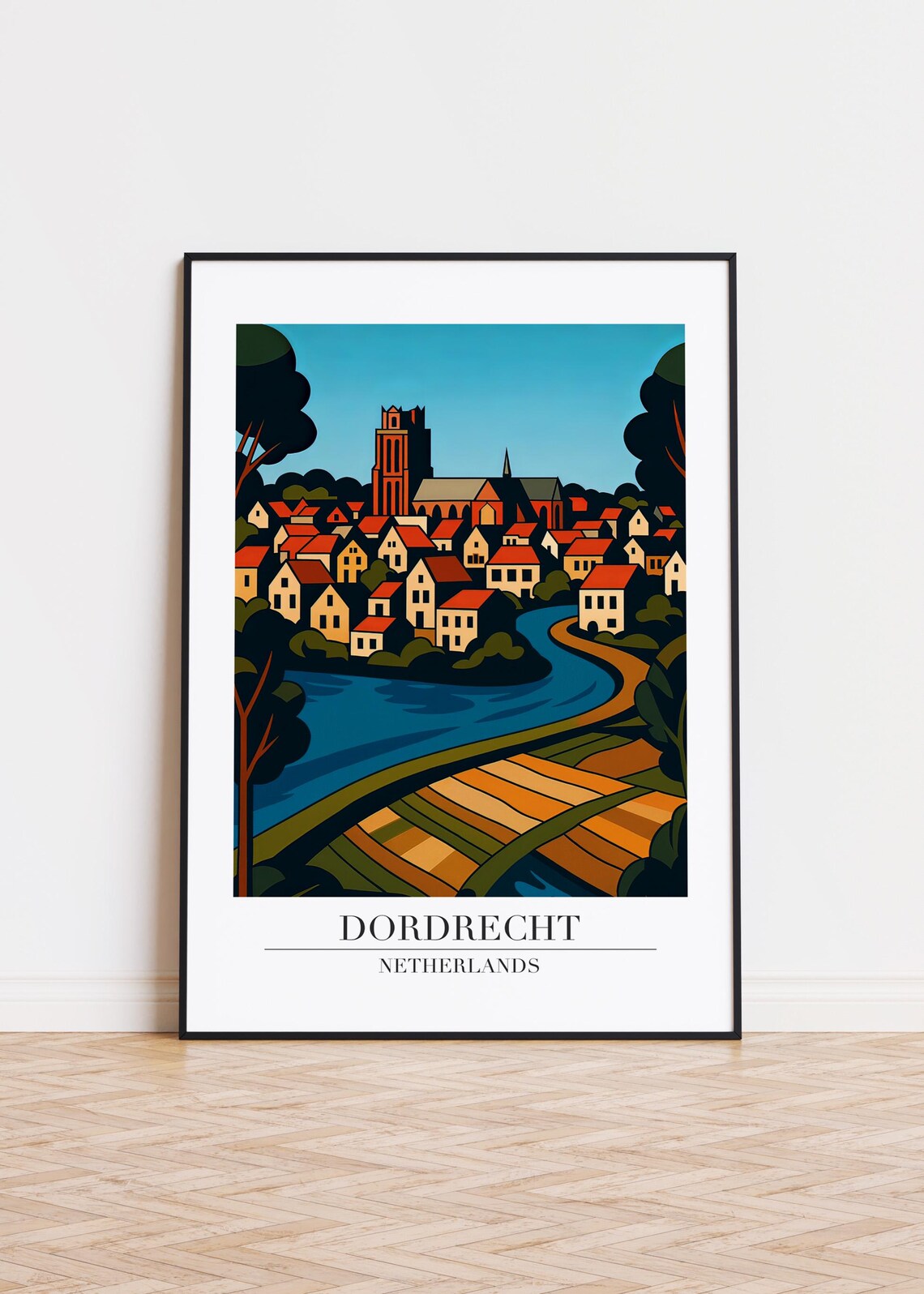 Dordrecht Netherlands Travel Poster River City Skyline Illustration Art