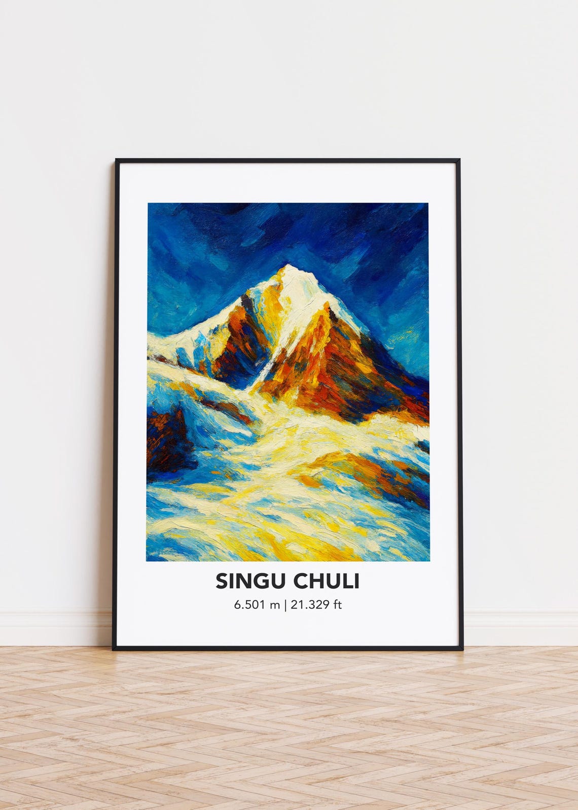 Singu Chuli Snow Peak Golden Light Oil Style Mountain Travel Poster