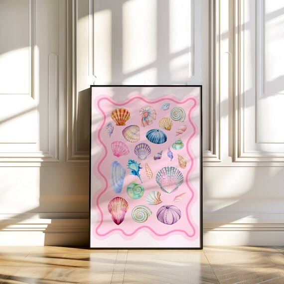 Seashell Art Surf Poster Ocean Coral Preppy Dorm Decor College Girls Beach House Coconut Girl Beachy Room Decor Coastal Cowgirl Decor