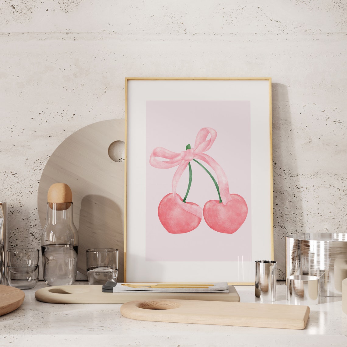 Pink Watercolor Cherries With Bow Coquette Girly Bedroom Decor Poster