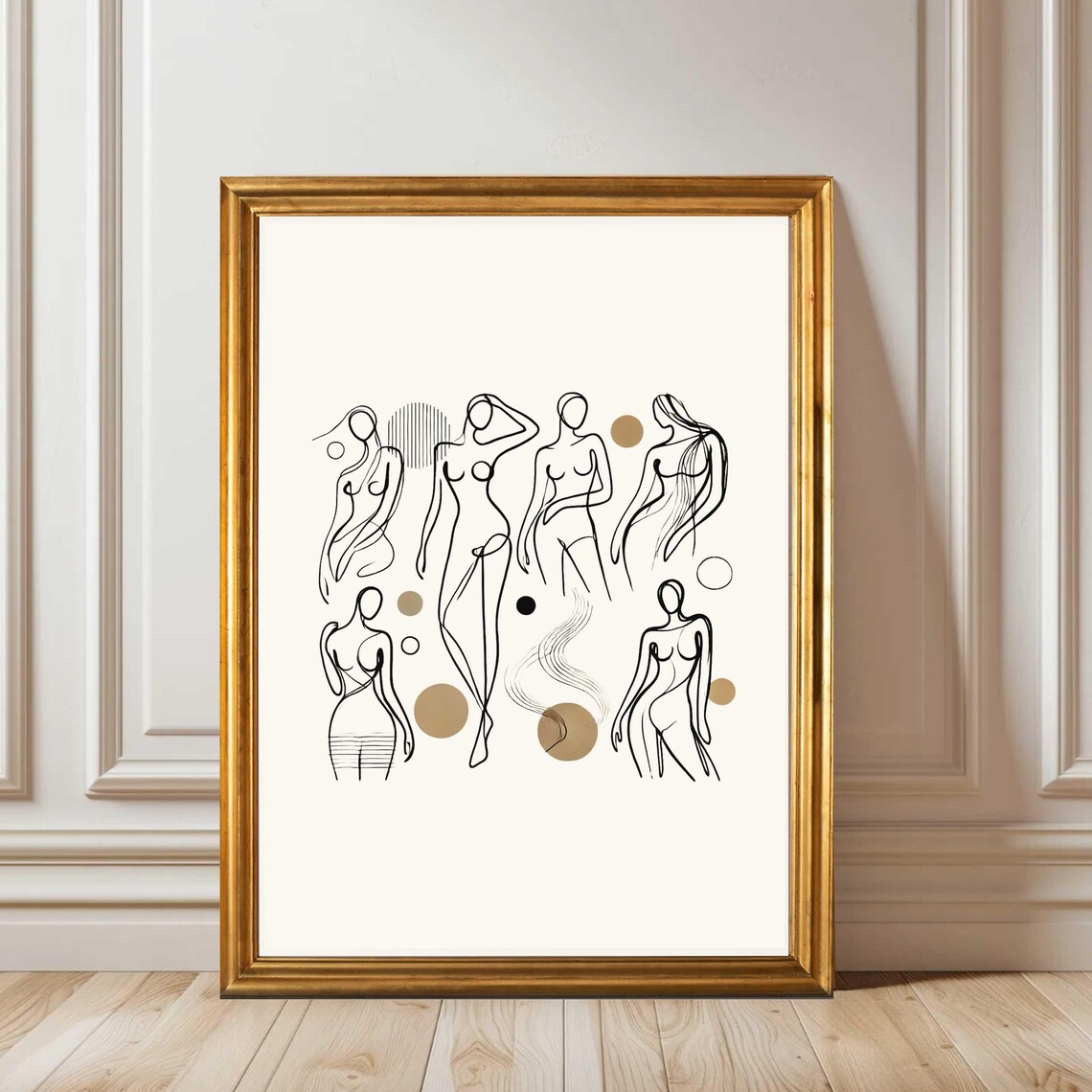 Six Nude Female Figures Minimalist One Line Art With Beige Dots Print - Image 3
