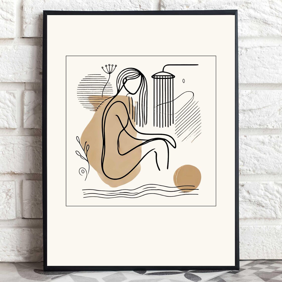 Woman Bathing Abstract Line Art With Beige Shapes Spa Decor Print - Image 3