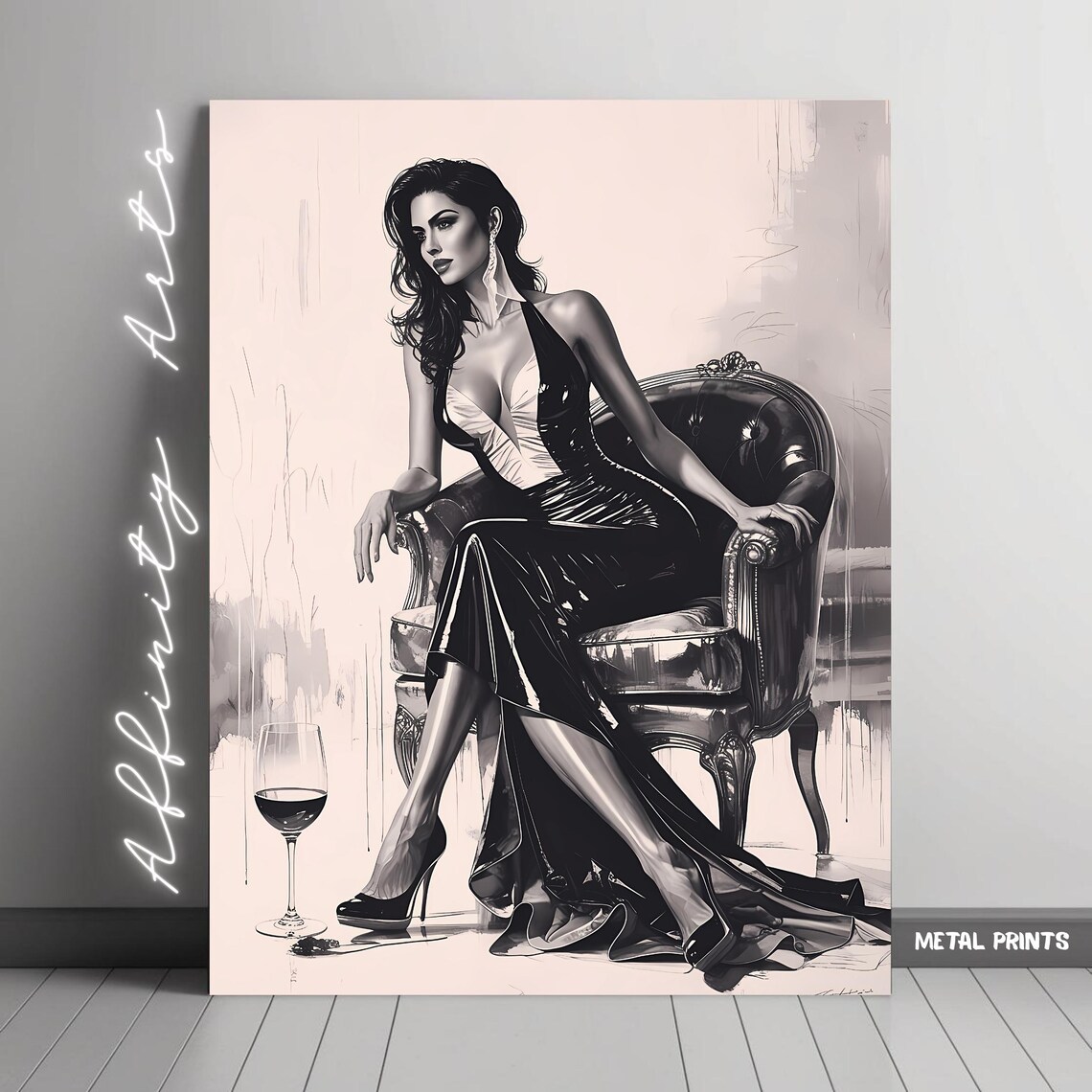 Elegant Woman in Black Dress, Glamorous Fashion Art Print