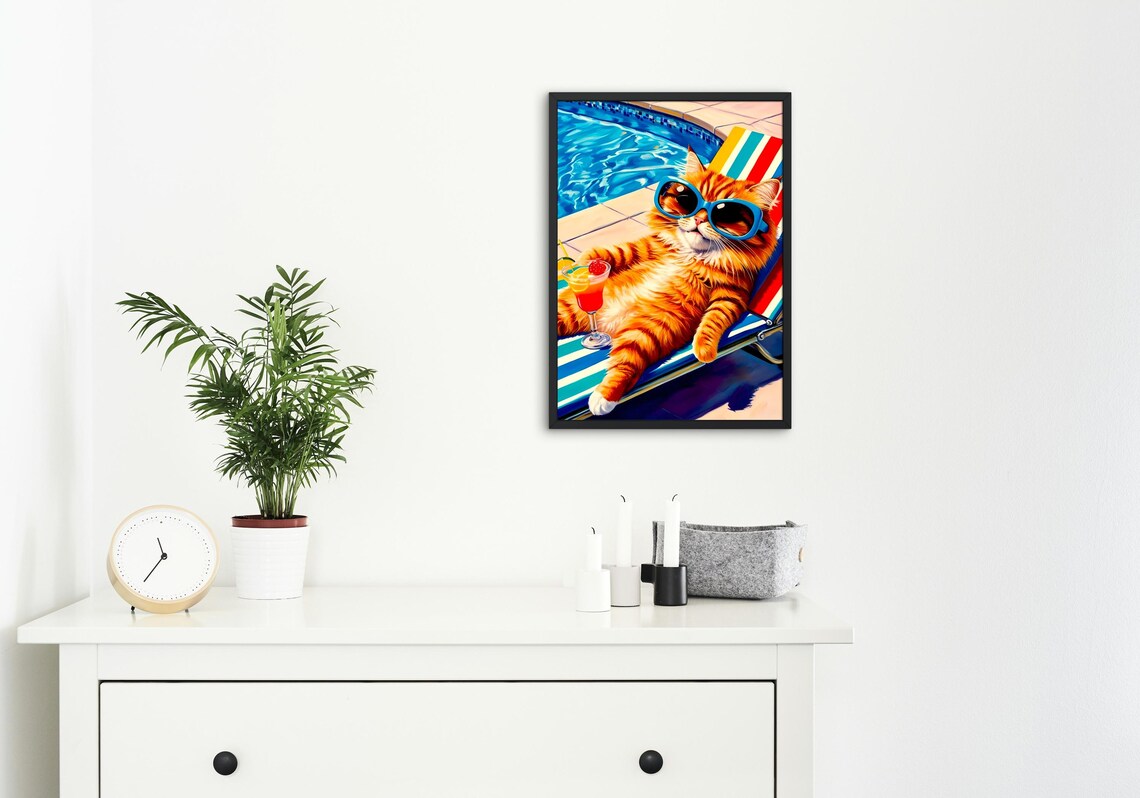Poolside Cat Funny Summer Cat Art Print - Image 4