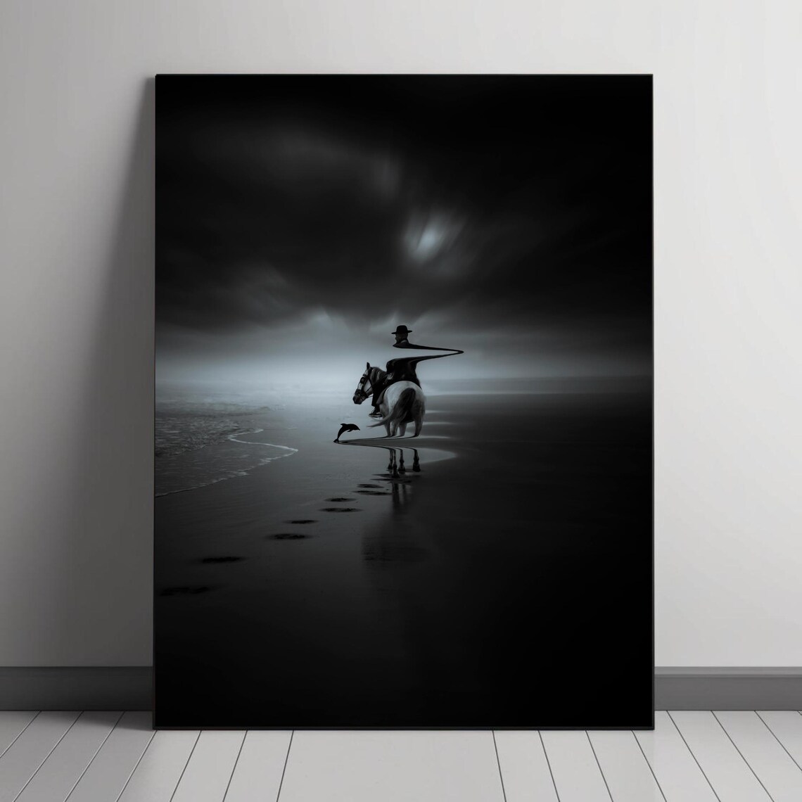 Surreal Horse Rider on a Dark Beach, Minimalist Art Print