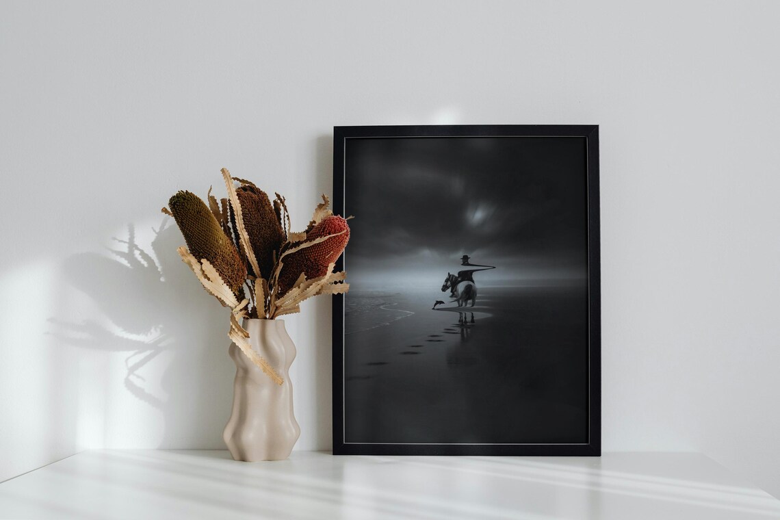 Surreal Horse Rider on a Dark Beach, Minimalist Art Print - Image 6