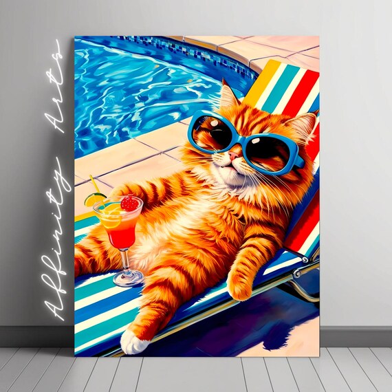 Poolside Cat Funny Summer Cat Art Print