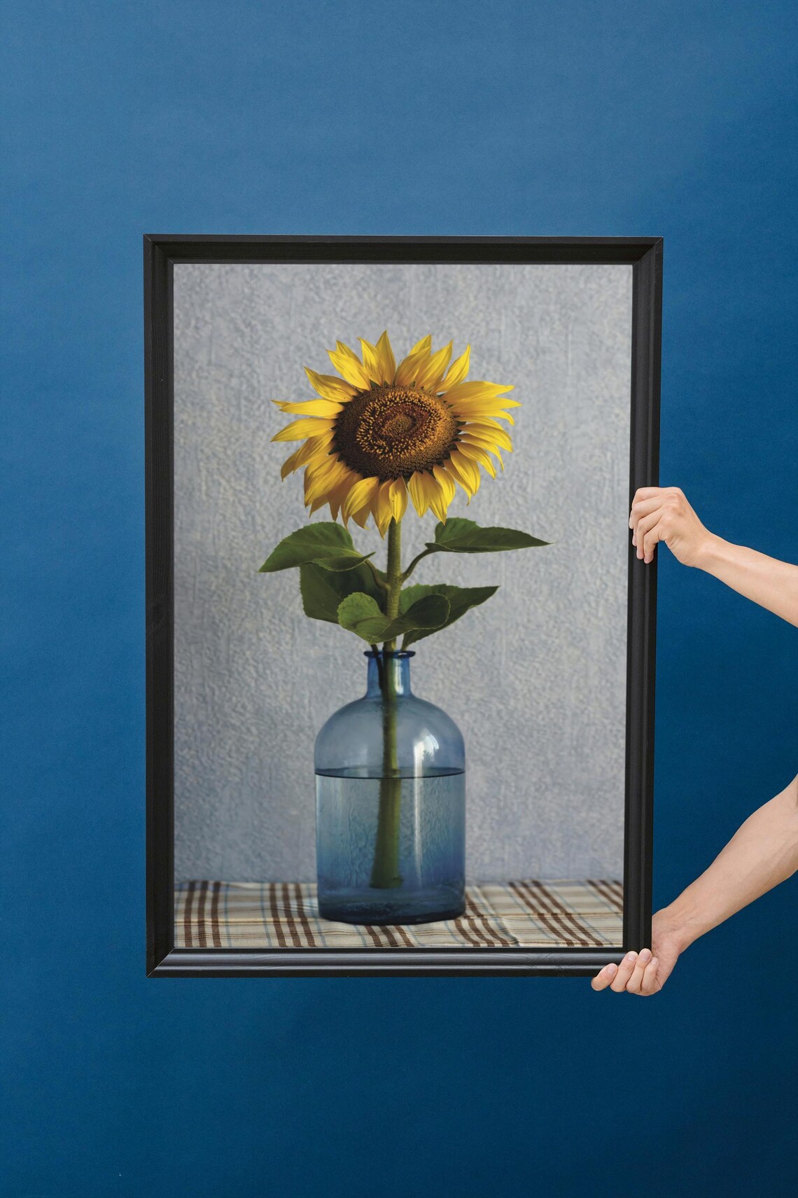 Sunflower In Blue Glass Vase, Minimalist Decor - Image 5