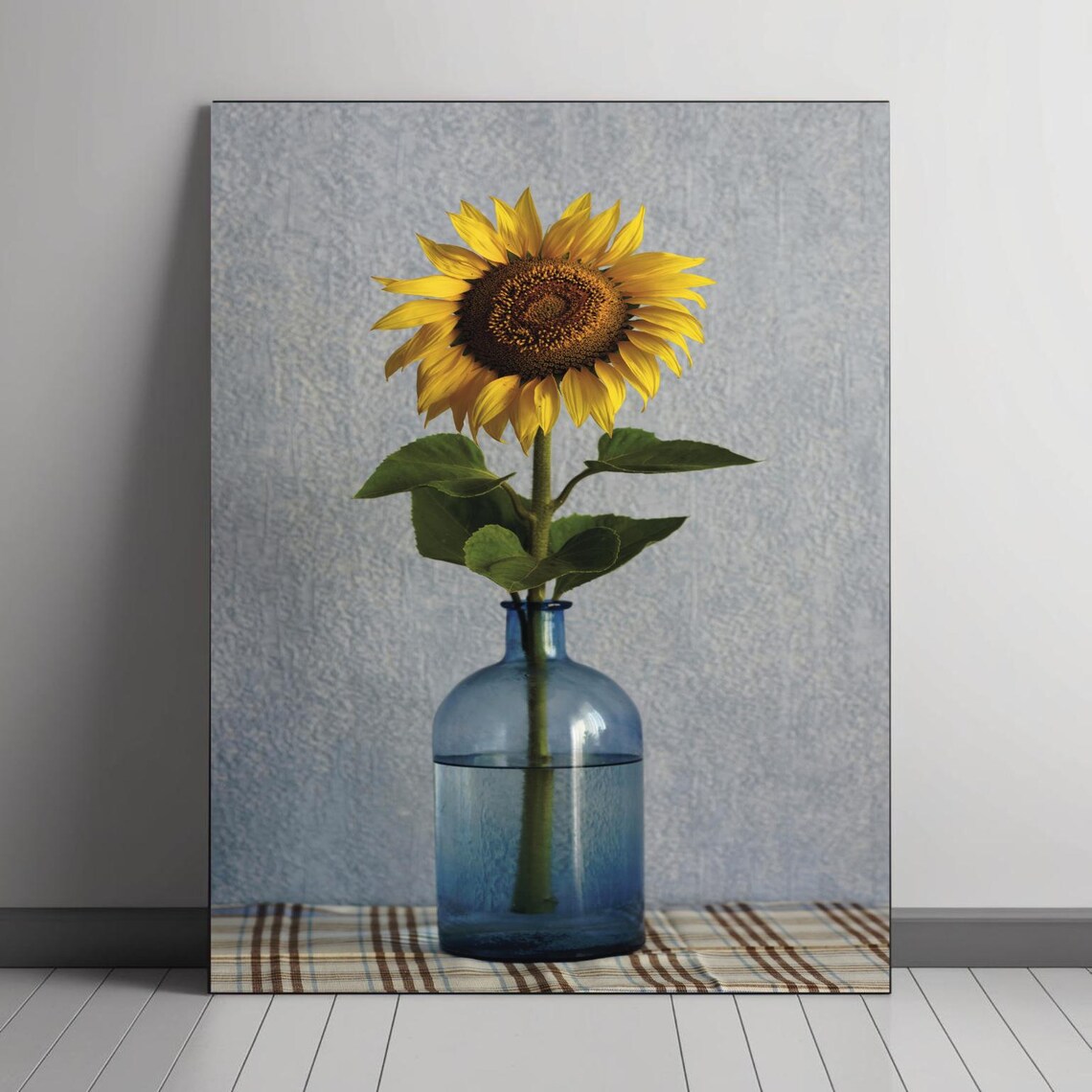 Sunflower In Blue Glass Vase, Minimalist Decor