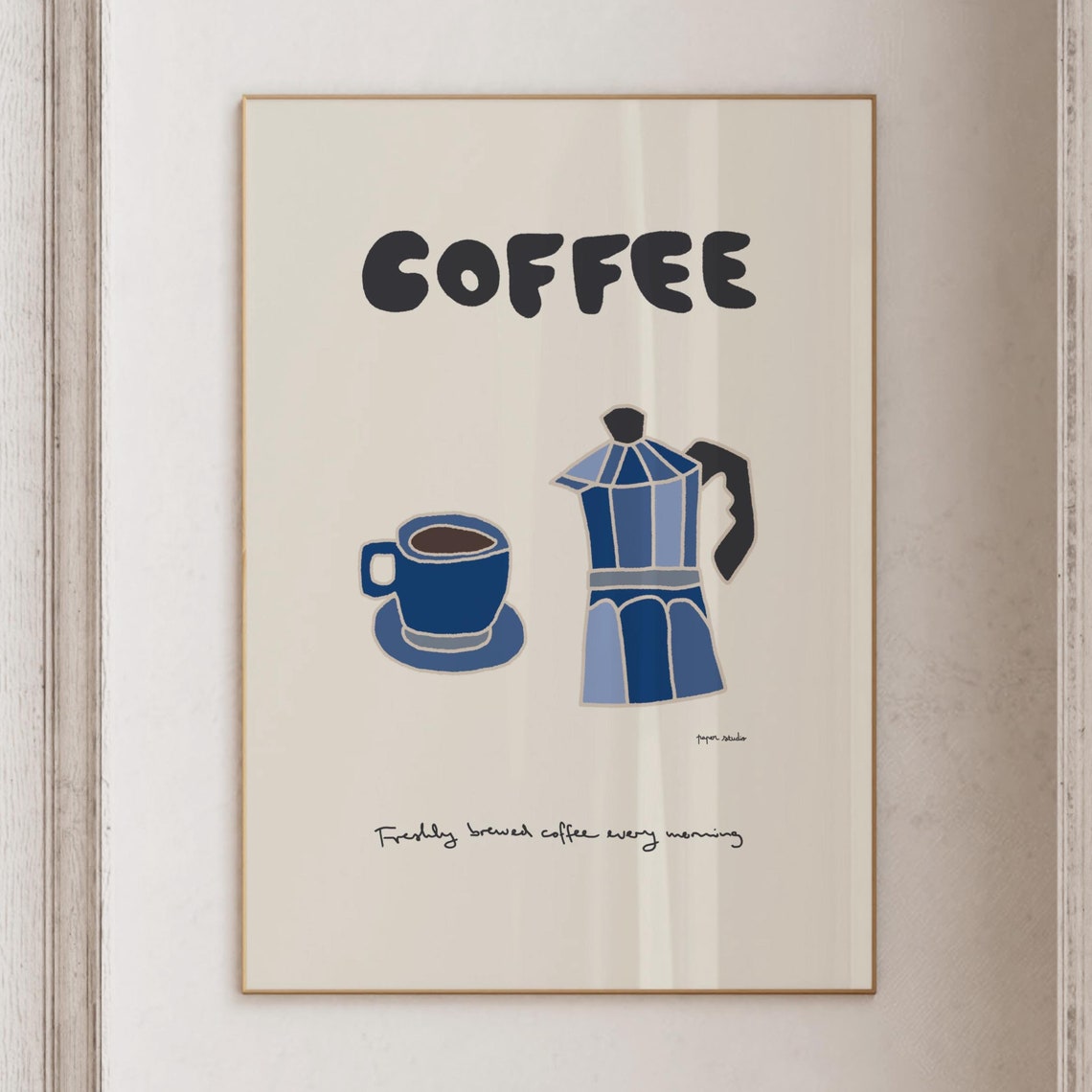Fresh Brewed Coffee Moka Pot Blue Illustration Kitchen Poster