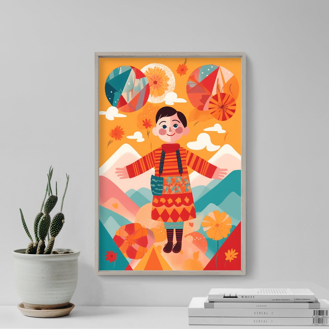 Smiling Italian Girl in Folk Costume Mountain Landscape Art Poster
