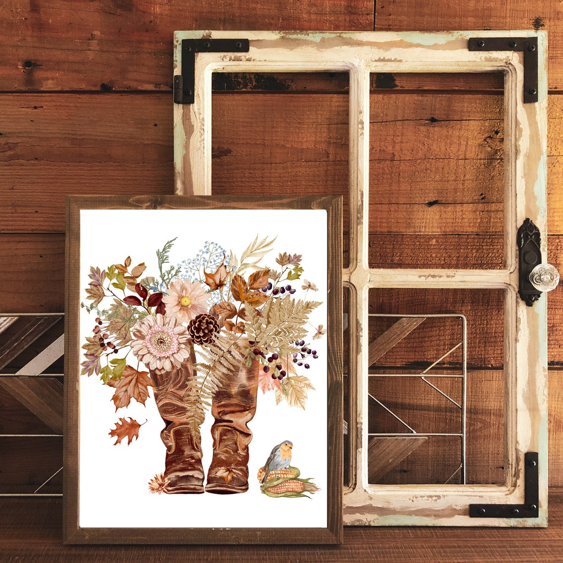 Rustic Fall Boots with Autumn Flowers Watercolor Country Wall Art - Image 3